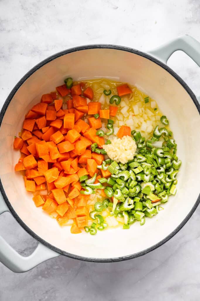 Carrots, celery, onion, garlic, and oil in Dutch oven.