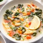 Lemon slice in bowl of chicken vegetable soup.