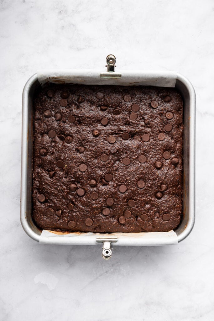 These easy Cottage Cheese Brownies are the perfect wholesome indulgence, with extra protein and whole grains in a rich, fudgy brownie! Pan of cottage cheese brownies.