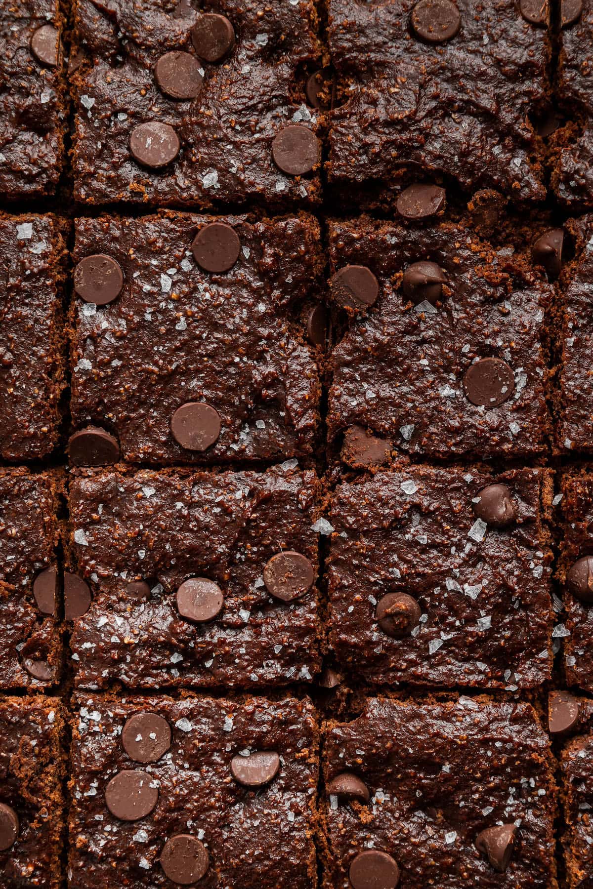 Sliced cottage cheese brownies with chocolate chips and sea salt.