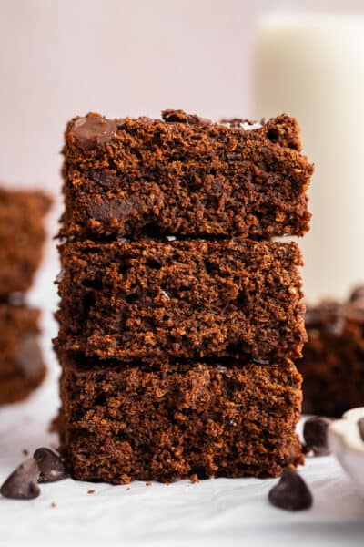 Stack of 3 cottage cheese brownies.