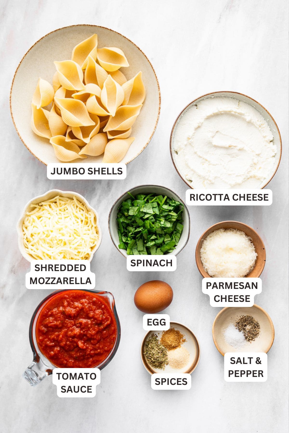 Ingredients for spinach stuffed shells recipe with labels.