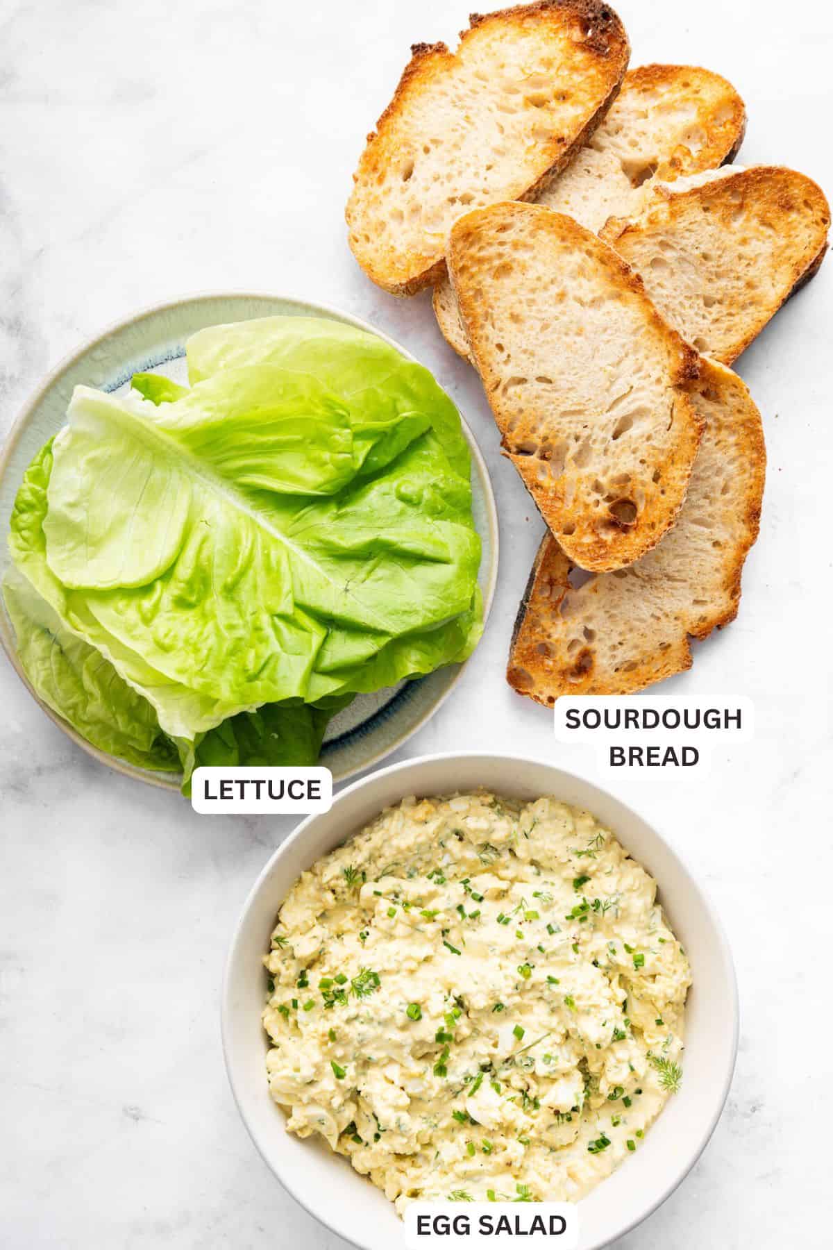 This classic egg salad sandwich on toasty sourdough is tasty and satisfying. It's perfect for an easy lunch that's ready in just 5 minutes! Ingredients for egg salad sandwich on sourdough.