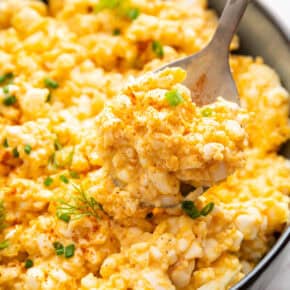 Spoonful of cottage cheese egg salad in bowl.