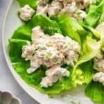 Cottage cheese chicken salad served on lettuce leaves.