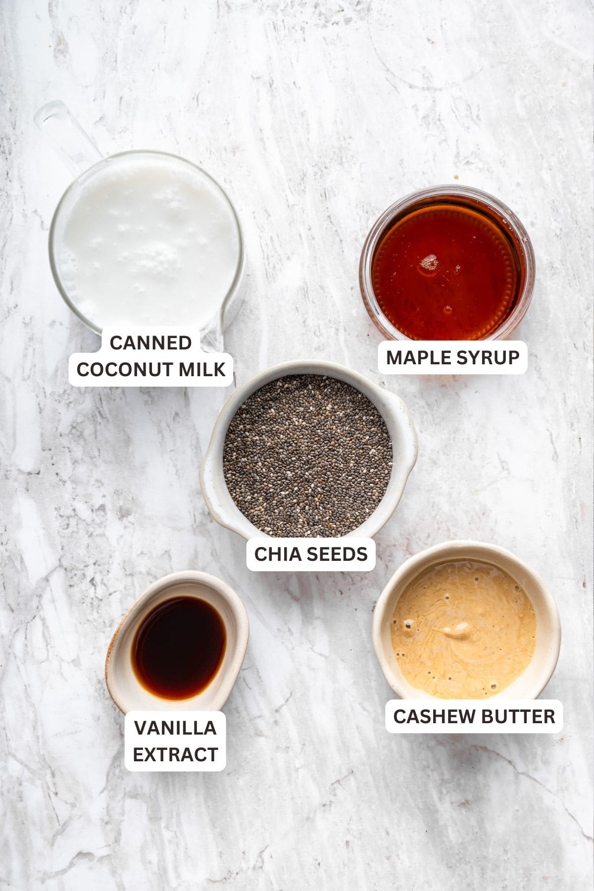 Labeled ingredients for coconut chia pudding.