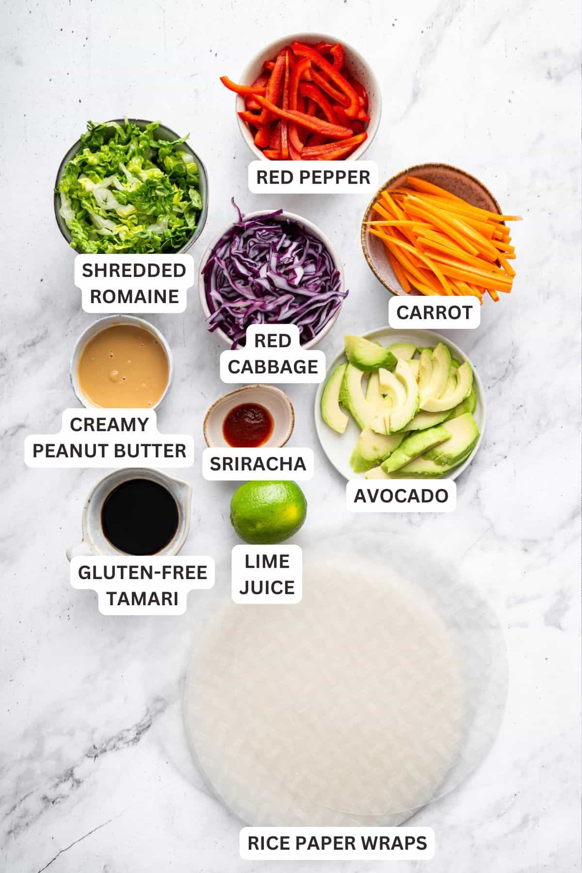 On warm days, this summer rolls recipe is a must. Crisp veggies and avocado are wrapped in rice paper for a refreshing, no-cook meal. Labeled ingredients for summer rolls recipe.