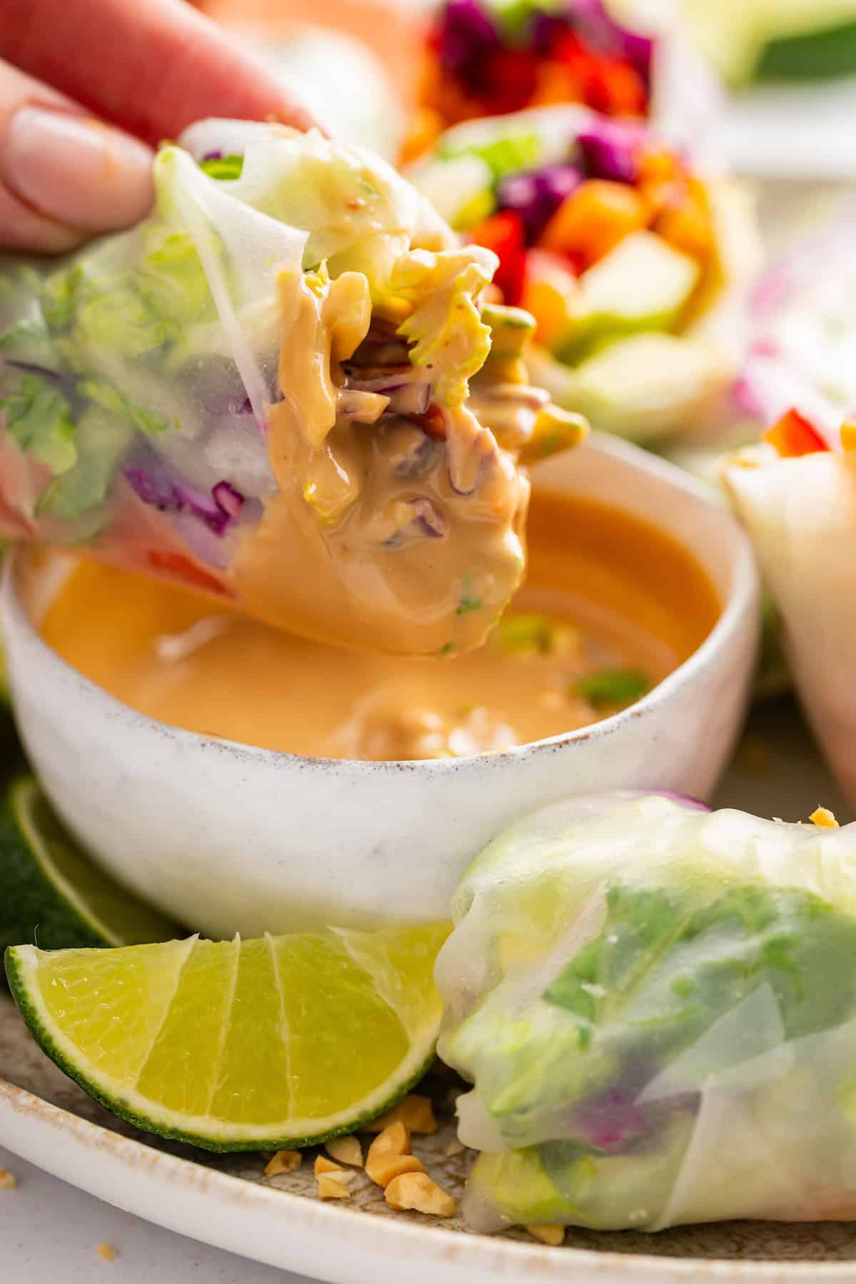 On warm days, this summer rolls recipe is a must. Crisp veggies and avocado are wrapped in rice paper for a refreshing, no-cook meal. Dipping a summer roll in spicy peanut dipping sauce.