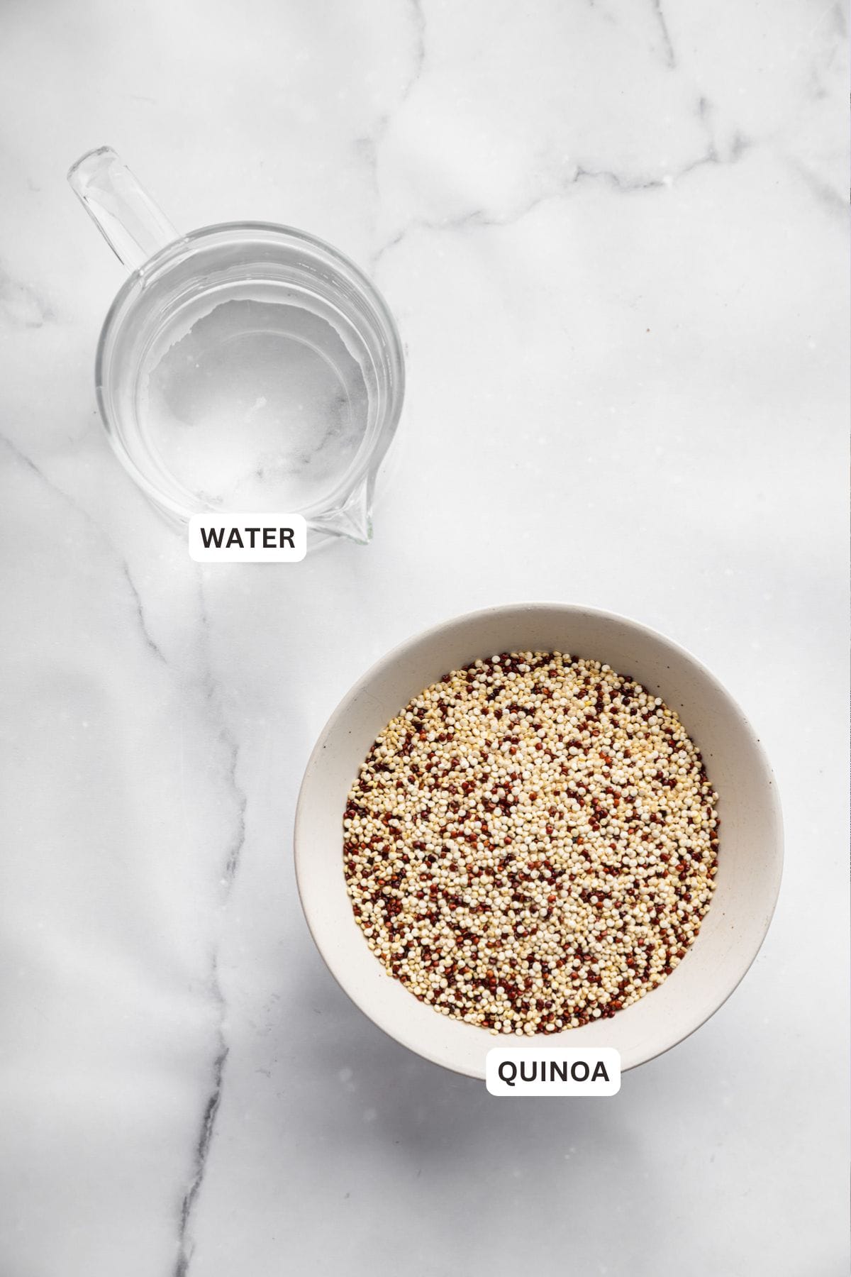 Labeled ingredients for Instant Pot quinoa.