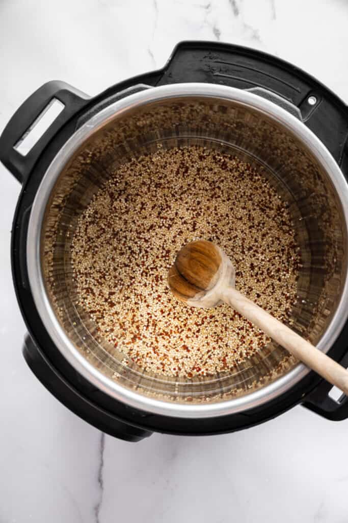 Stirring quinoa and water together in an Instant Pot.