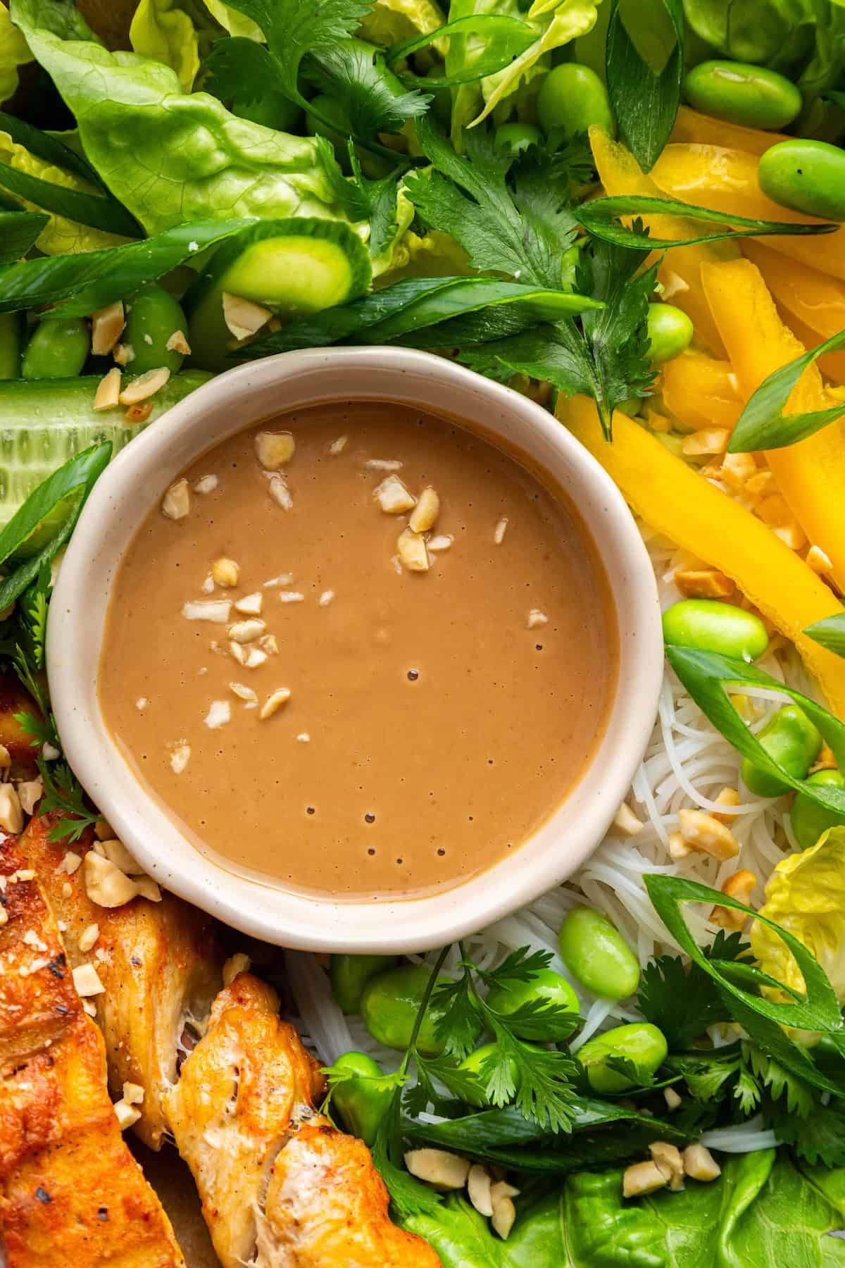 This 4-ingredient peanut sauce recipe yields a smooth, savory, tangy sauce with the perfect spice kick. Ditch the takeout. Make it at home! Peanut sauce in a ramekin surrounded by produce and tofu satay.