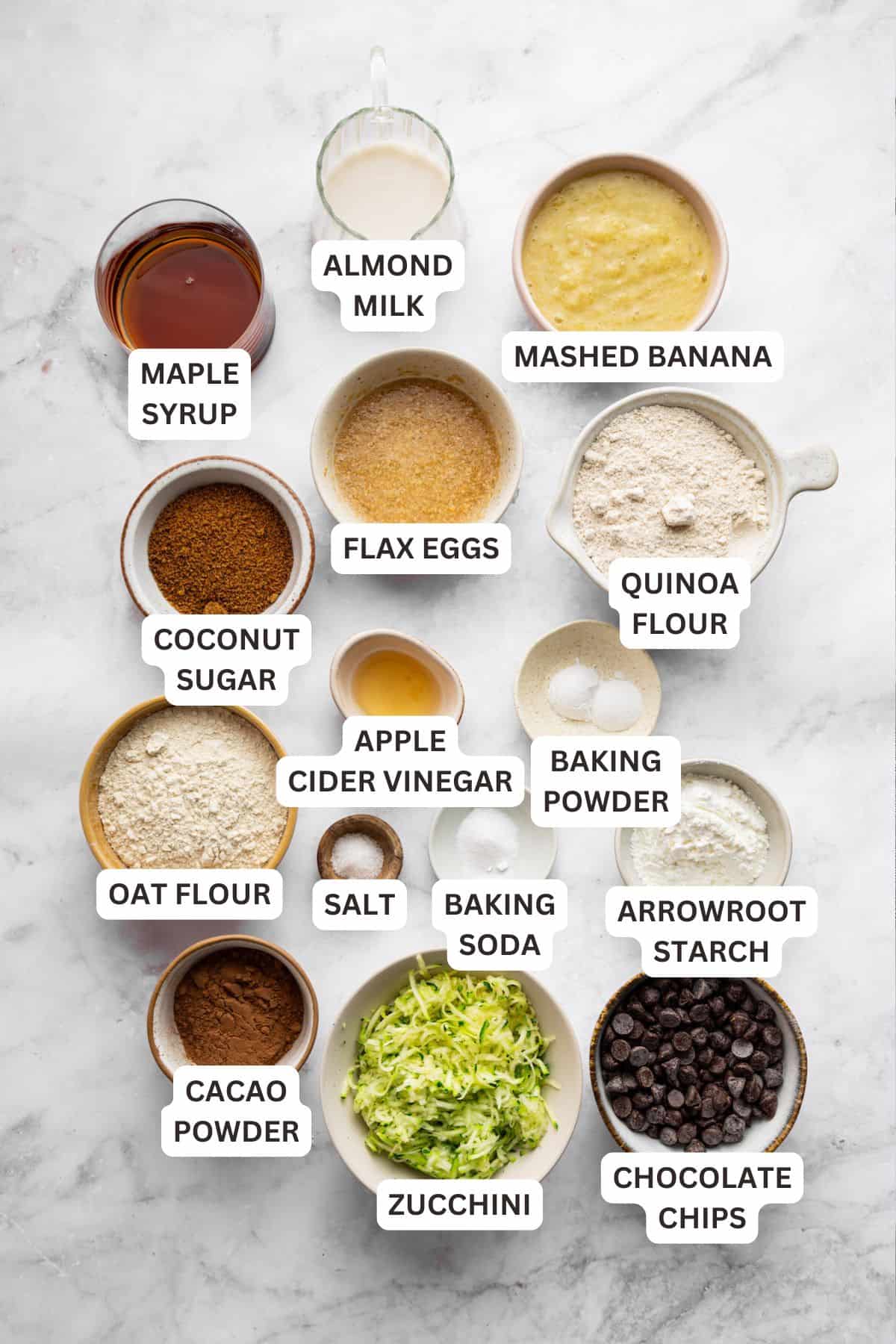This vegan chocolate chip zucchini bread is incredibly tender, and the rich, earthy chocolate-zucchini combo is to die for. Labeled ingredients for chocolate zucchini bread.