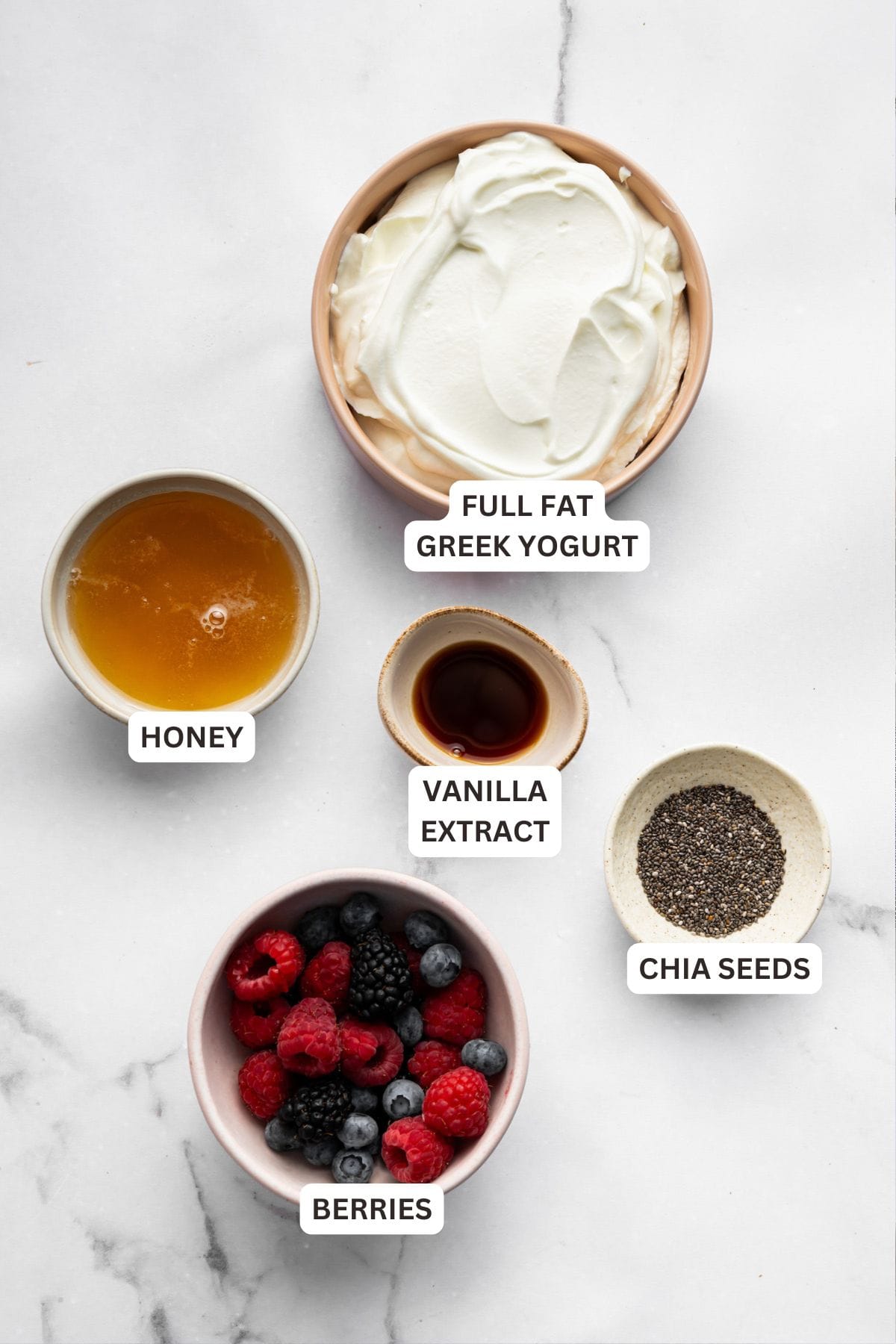 This Greek yogurt ice cream is smooth, creamy, packed with protein, and lightly sweetened with honey and a colorful swirl of fresh berries. Labeled ingredients for Greek yogurt ice cream.
