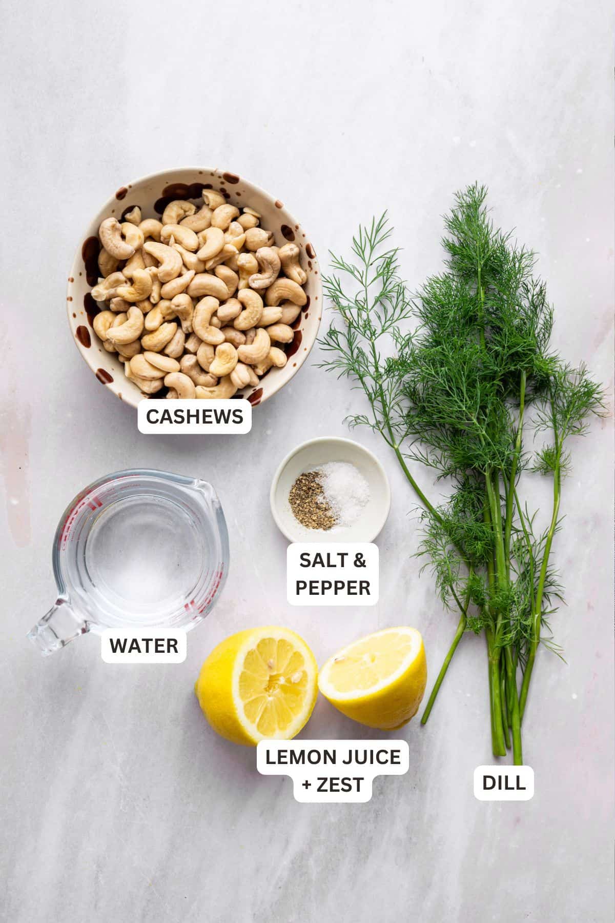 Labeled ingredients for lemon dill sauce.