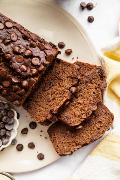 Sliced chocolate zucchini bread on a plate.