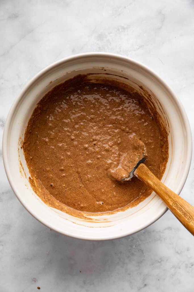 This vegan chocolate chip zucchini bread is incredibly tender, and the rich, earthy chocolate-zucchini combo is to die for. Chocolate zucchini bread batter (before adding the zucchini and chocolate chips).