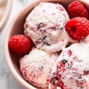 Close-up image of a bowl of Greek yogurt ice cream with berries.
