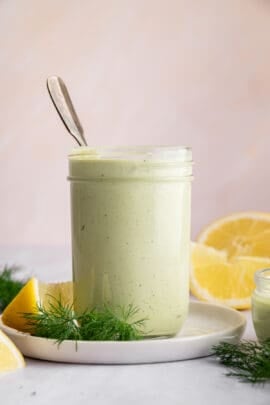 Lemon dill sauce in a jar.