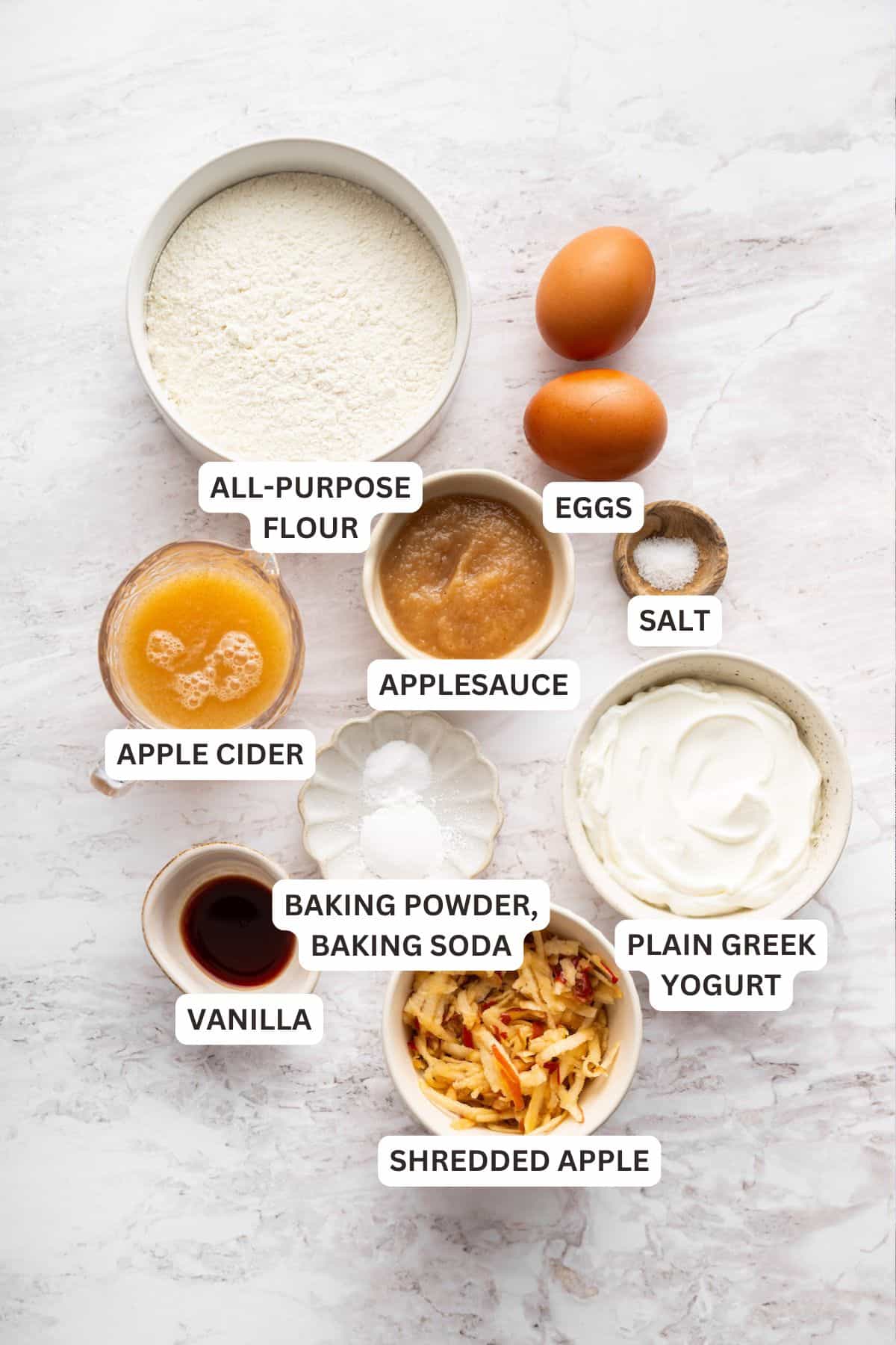 These fluffy apple cider pancakes aren't holding back on apple flavor. The apple cider really does the trick. And that hint of cinnamon? Yes! Labeled ingredients for apple cider pancakes.