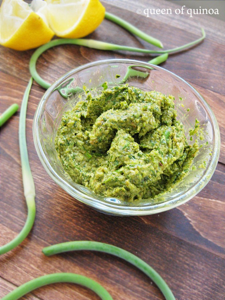 Zucchini Pasta with Garlic Scape Pesto - Queen of Quinoa