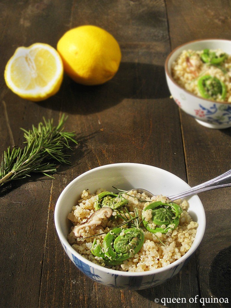 Lemon Rosemary Quinoa with Fiddleheads & Mushrooms