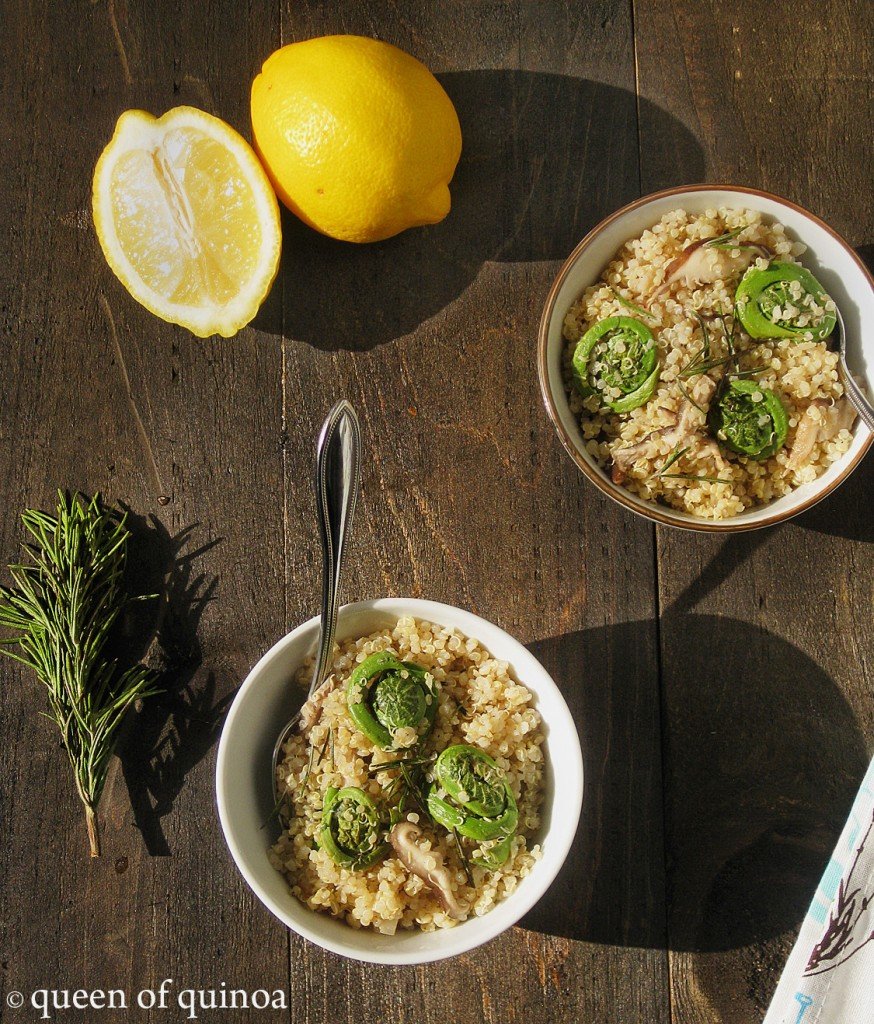Lemon Rosemary Quinoa with Fiddleheads and Mushrooms