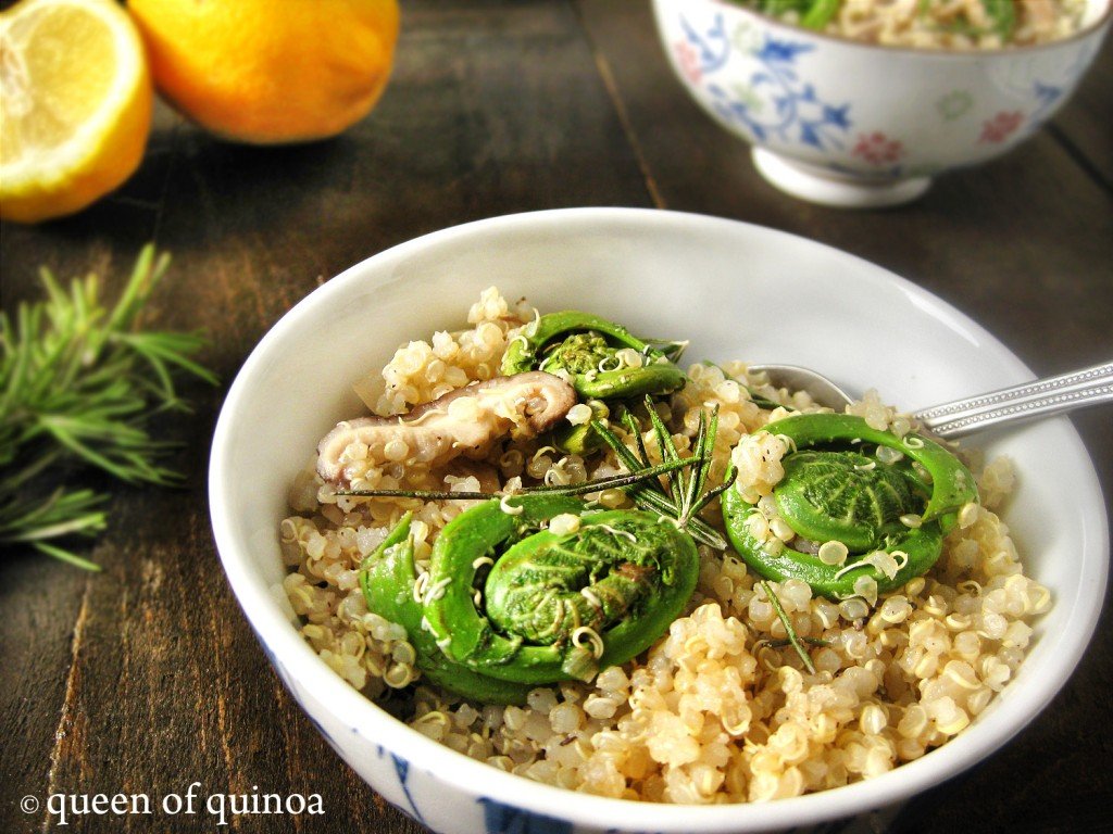 Lemon Rosemary Quinoa with Fiddleheads and Mushrooms
