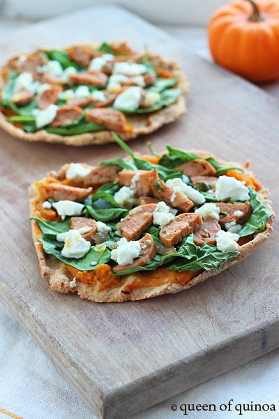 Pumpkin & Spinach Flatbreads with Goat Cheese via Queen of Quinoa (@alyssarimmer) Pumpkin & Spinach Flatbreads with Goat Cheese