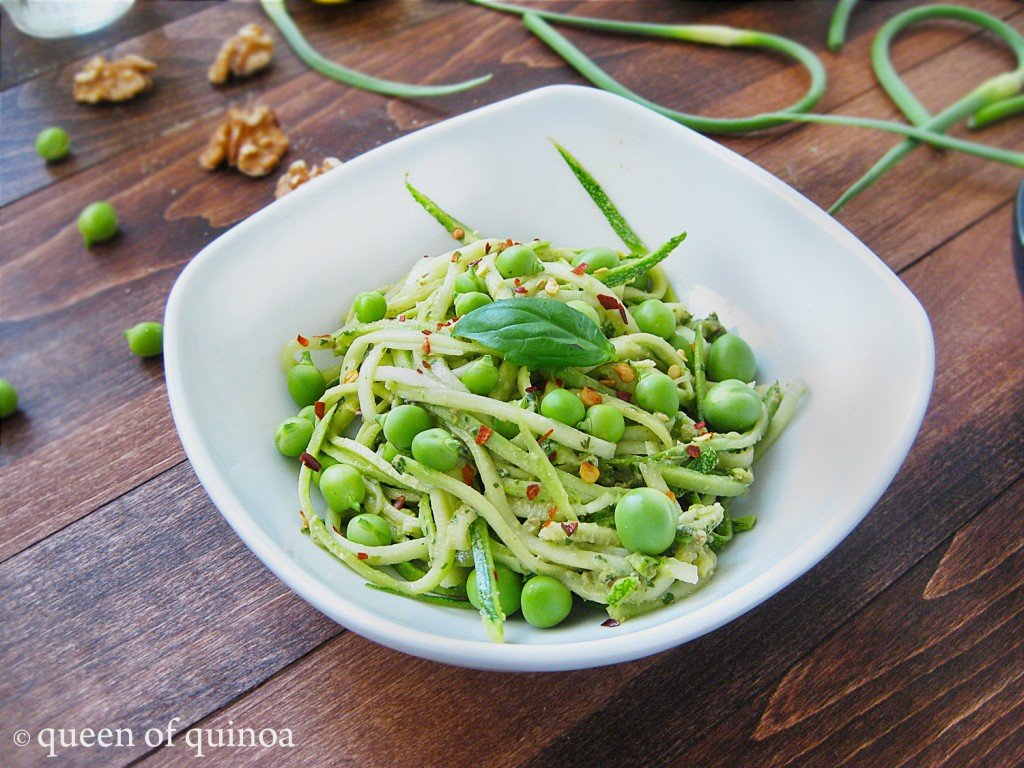 Zucchini Pasta with Garlic Scape Pesto - Queen of Quinoa