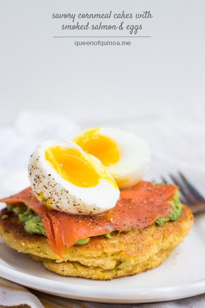 Savory Cornmeal Cakes with Smoked Salmon & Eggs (@alyssarimmer)