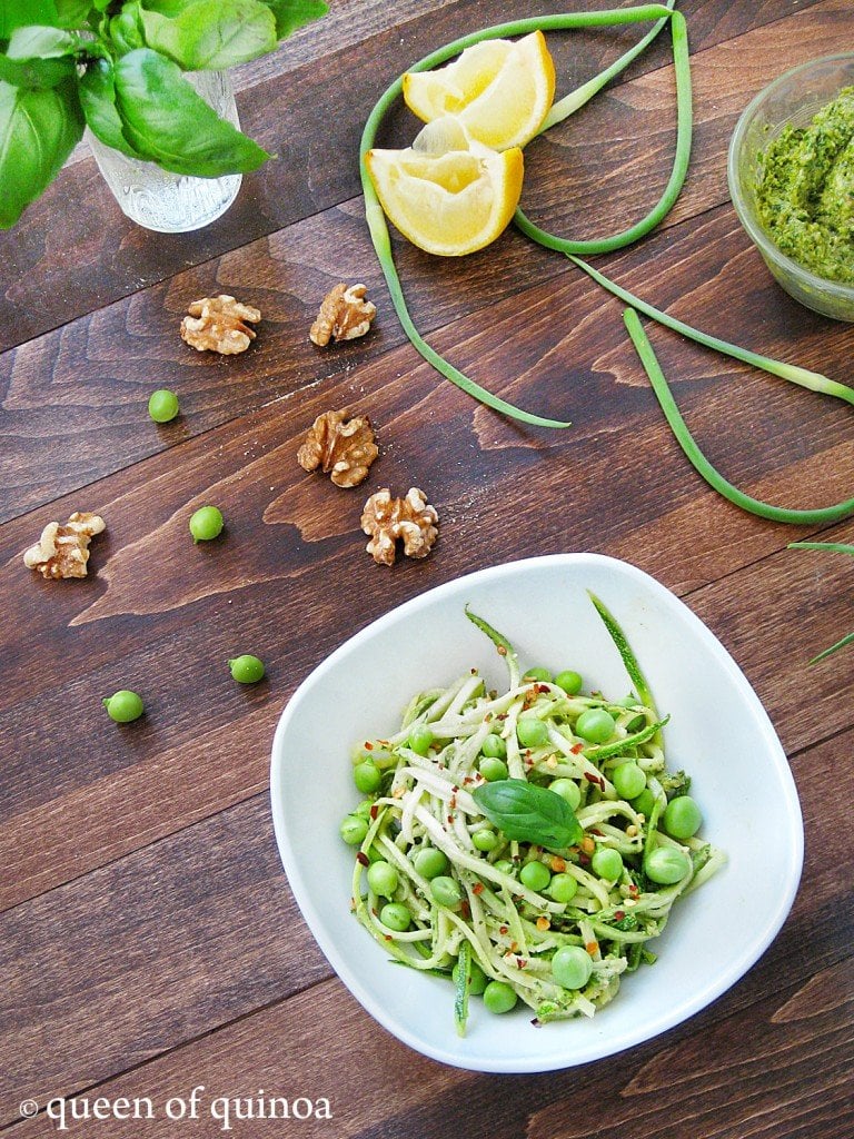 Zucchini Pasta with Garlic Scape Pesto | Queen of Quinoa