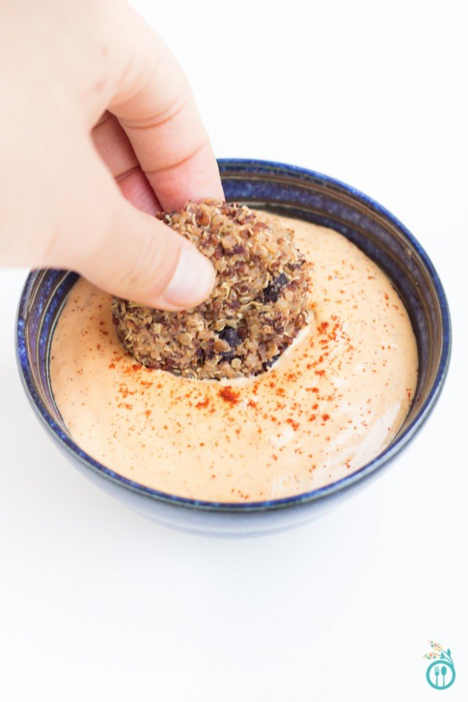 Black Bean Quinoa Bites with Vegan Queso Dip