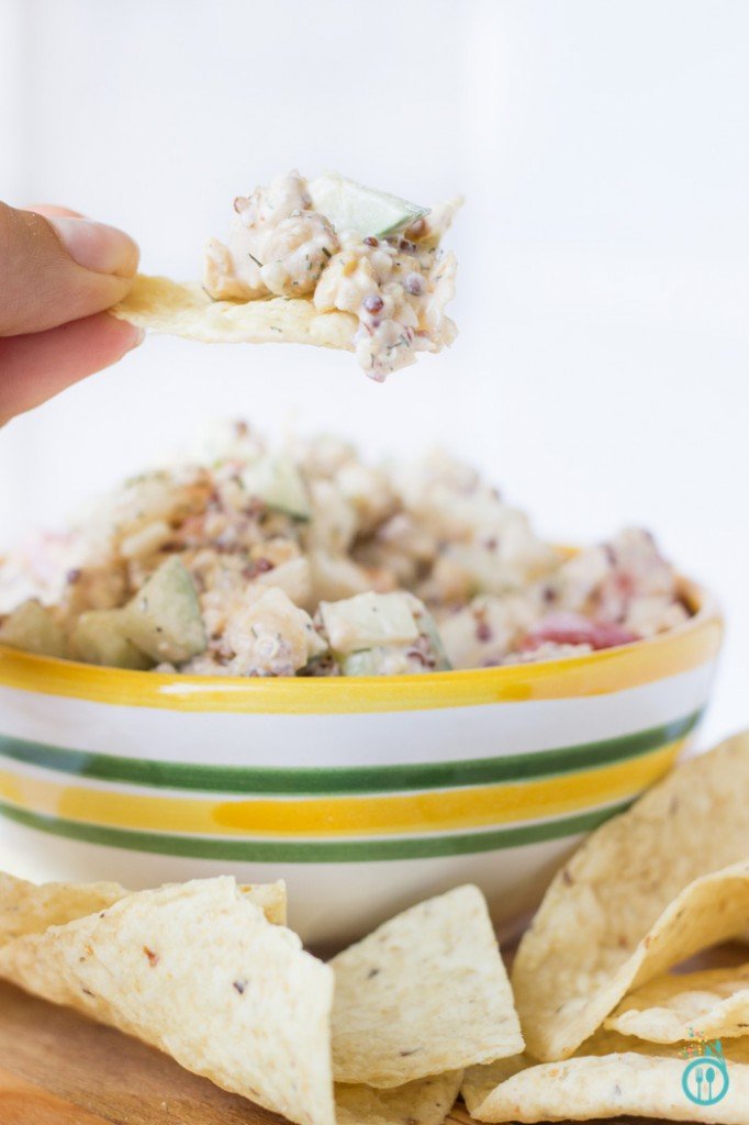 Serving chickpea quinoa salad with chips.
