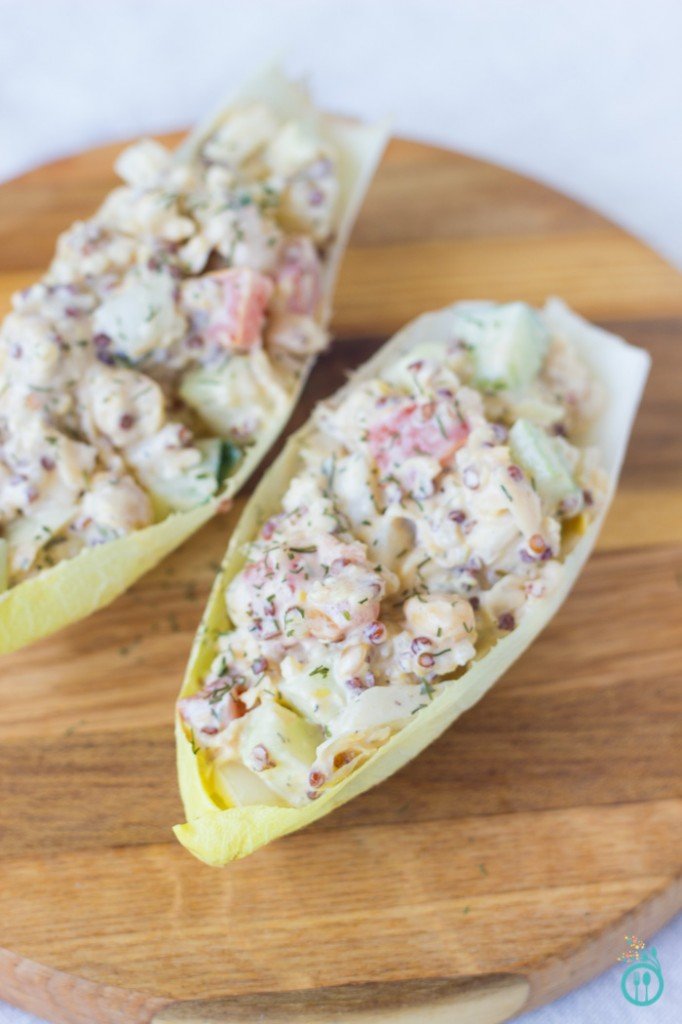 chickpea salad served in endive leaves.